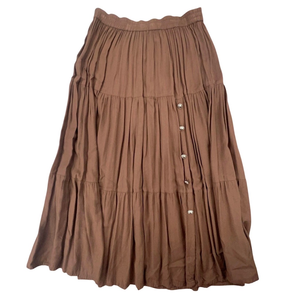 Vintage Crazy‎ Cowgirl Brown Tiered Rayon Maxi Skirt Silver Concho Buttons L EUC